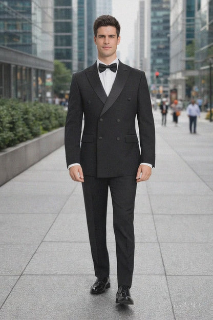 Mens Slim Fit Double Breasted Wool Tuxedo in Black - Mens Slim Fitted Tuxedo