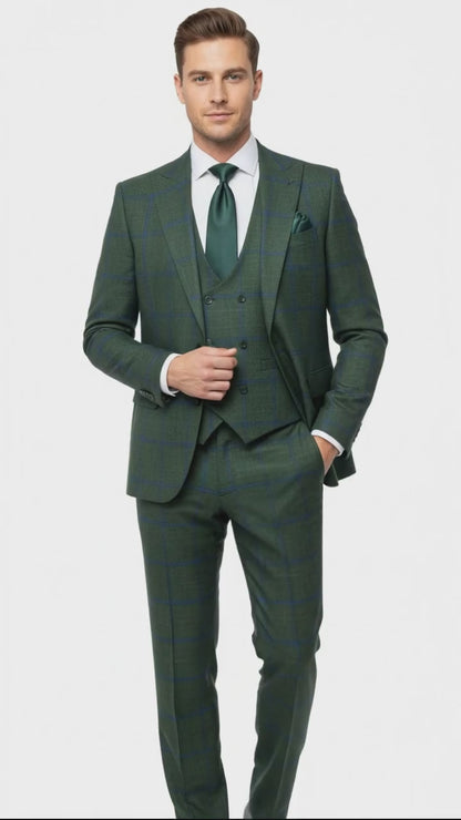 Mens Green Plaid 3-Piece Suit  Classic Check Slim Fit Suit for Weddings, Church, and Formal By Rossiman