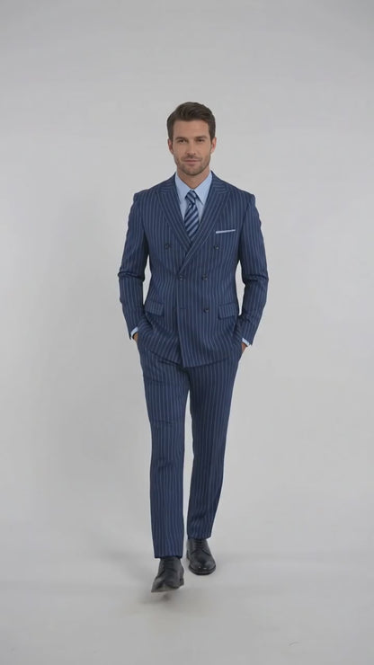 Men’s Royal Blue Pinstripe Double-Breasted Suit – 1920s Gangster Wedding, Prom and Business Suit