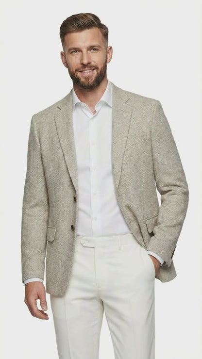Men’s Light Tan Tweed Blazer – Classic Herringbone Sport Coat, Beige Casual Formal Jacket, Vintage Style Business & Smart Casual Wear