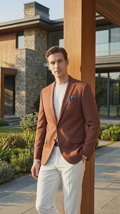 Mens Rustic Brown Light Burnt Orange Copper Blazer – Classic Fit Single Breasted Formal Casual Dress Jacket