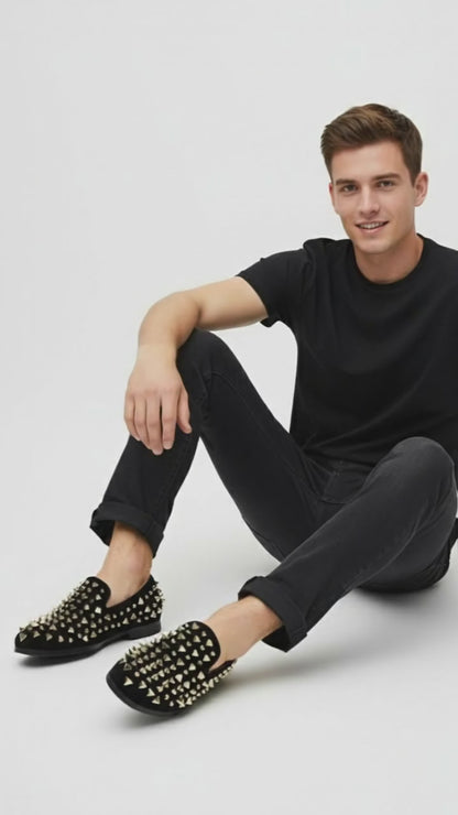Mens Studded Velvet Loafers  Designer Party and Prom Dress Shoes with Gold and Silver Spikes
