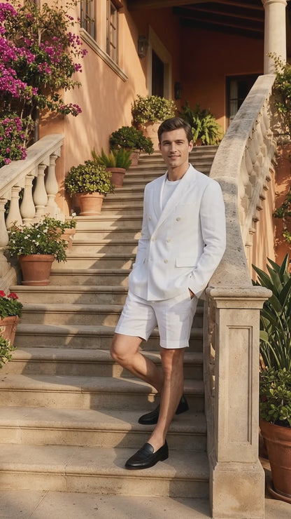 Men’s White Summer Suit with Shorts, 2 Piece Linen Style Wedding Beach Short Suit Set double breasted style
