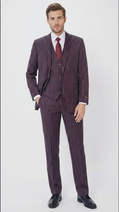 Men’s Plum Eggplant Pinstripe 3 Piece Suit – Burgundy Purple Formal Suit  Gangster 1920s Mafia Pimp Suit