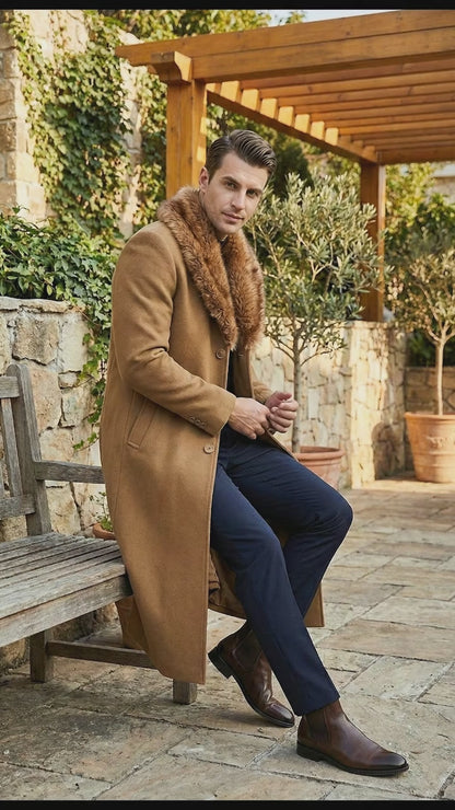 Men's Camel Brown Long Overcoat with Faux Fur Collar, Classic Winter Topcoat for Formal and Business Wear