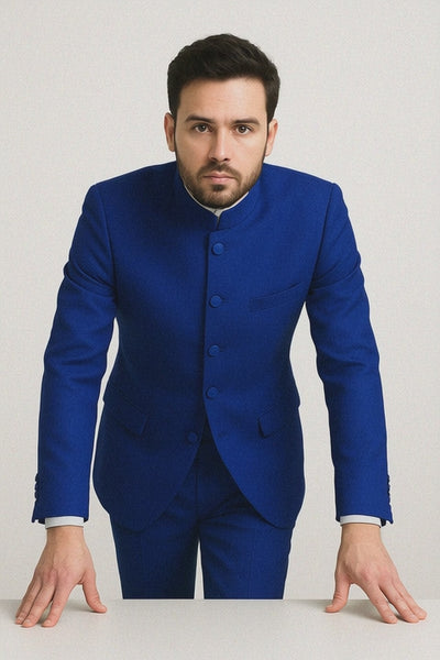 Mens 5 Button Mandarin Collar Tuxedo Suit in Navy