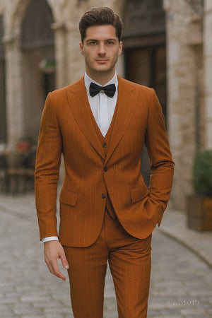 Tazzio Skinny Fit Terracotta Orange Pinstriped Suit  Mens Modern Suit Style