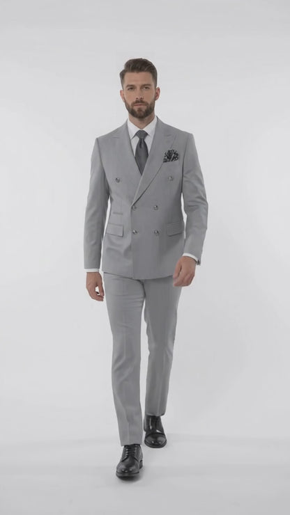 Rossi Man Men’s Silver Double Breasted Suit, Modern Fit Formal Wedding Prom Business Suit
