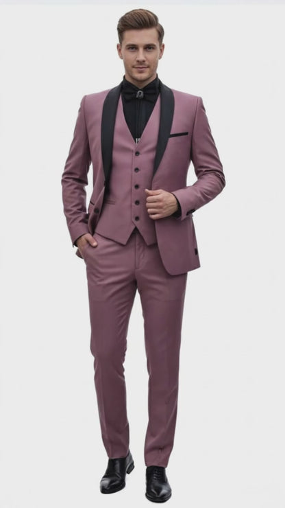 Men's Rose Pink Tuxedo Suit – Luxury Three-Piece Formal Wear with Black Satin Lapel Dusty Mauve Color