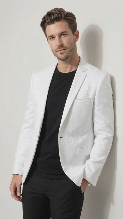 Men’s White Paisley Blazer, Formal Wedding Prom Dinner Jacket with Elegant Jacquard Pattern
