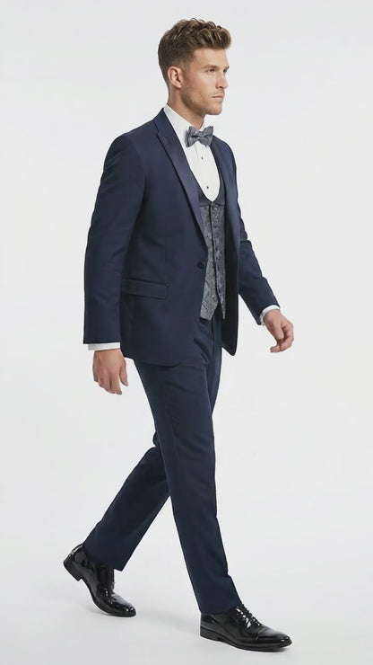 Men’s Indigo Blue One Button Shawl Tuxedo with Paisley Vest, Formal Wedding Prom Dinner Suit Set