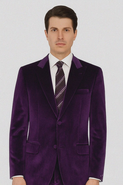 Mens Purple Velvet Suit  Tazzio 2-Piece Slim Fit Tuxedo Style Blazer and Pants Set