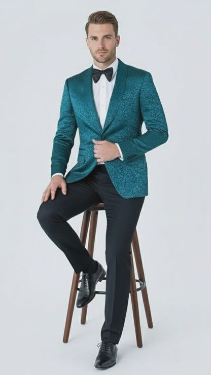 Mens Teal Blue Paisley Tuxedo Jacket  Elegant Shawl Lapel Dinner Blazer for Weddings, Prom and Formal Events - Greenish Blue