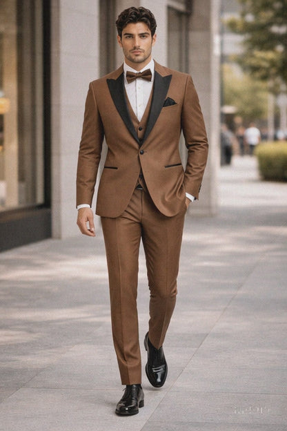 Mens Light Brown Tuxedo Suit with Black Satin Lapel  3 Piece Formal Wedding & Prom Outfit - Country Look