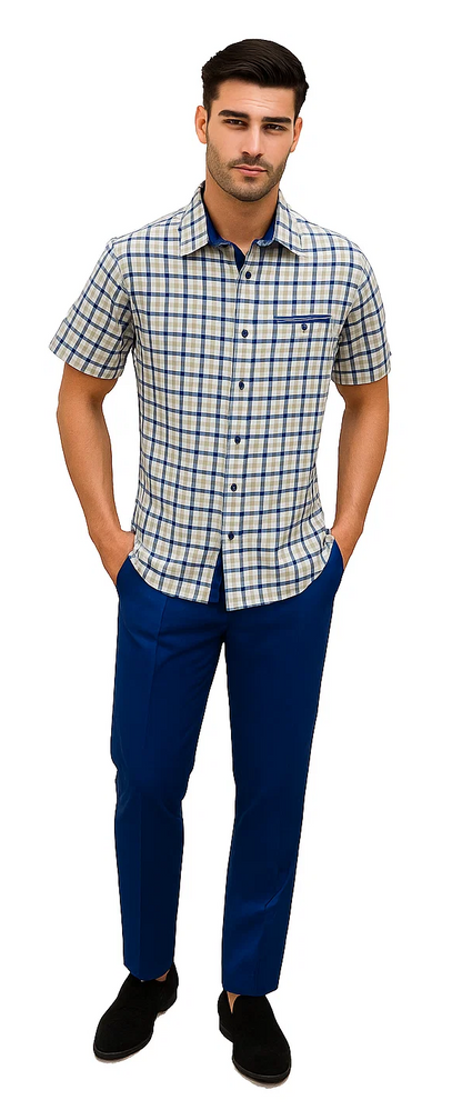 Mens Plaid Walking Suit in Royal by Dreams by Zacchi  2 Piece Leisure Outfit with Matching Shirt and pant - $99