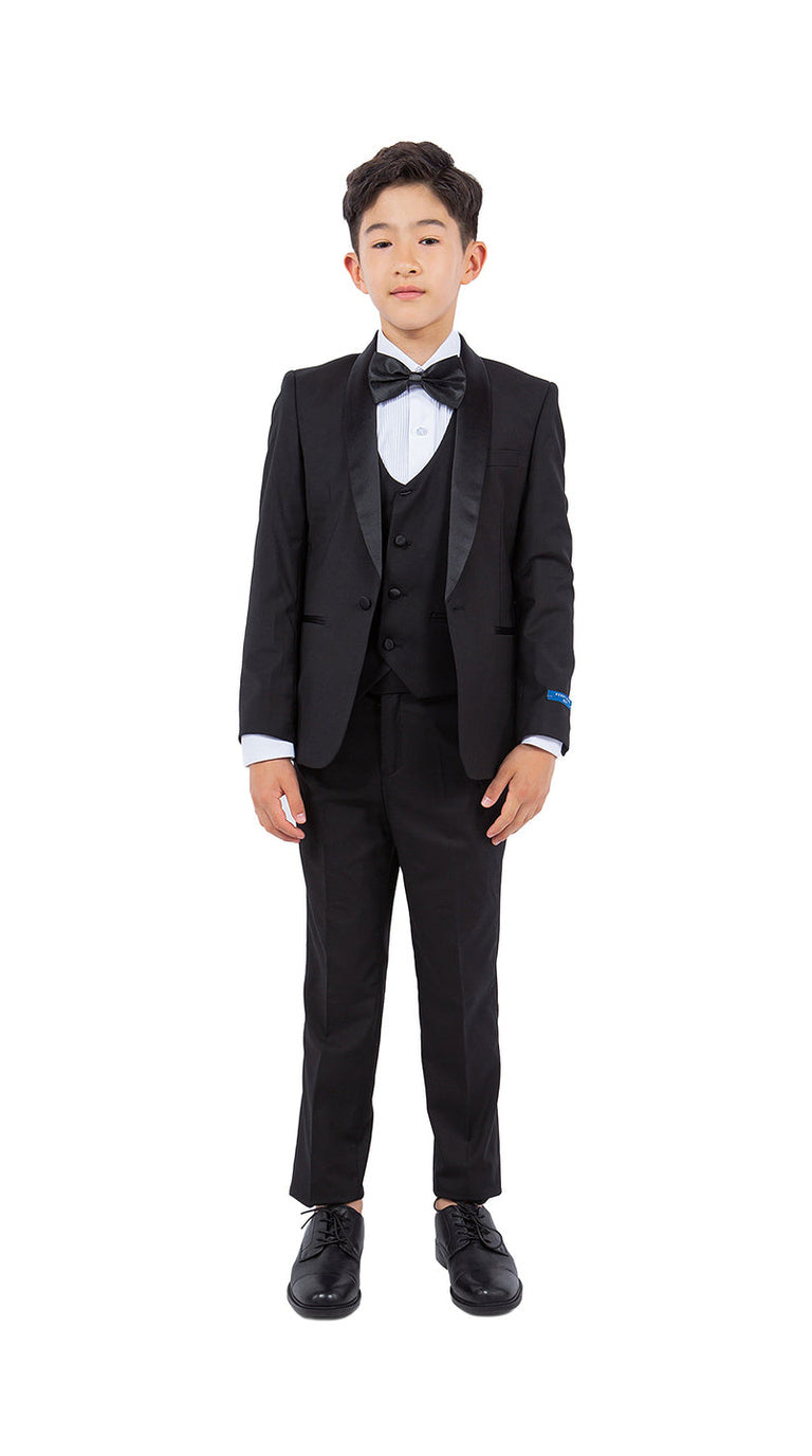 Perry Ellis Boys' 5-Piece Solid Tuxedo - Black and Black