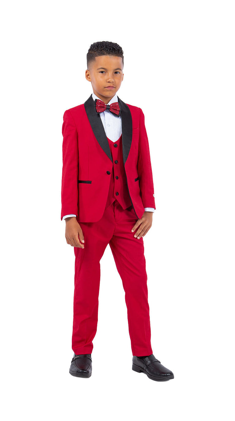 Stacy Adams Boys' 5-Piece Solid Tuxedo with Dress Shirt and Bowtie - Red