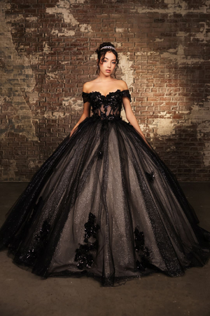 Prom Dress Off Shoulder Sequin Masquerade Ball Gown By Layla K LK244 - BLACK/NUDE / 2 - Dress