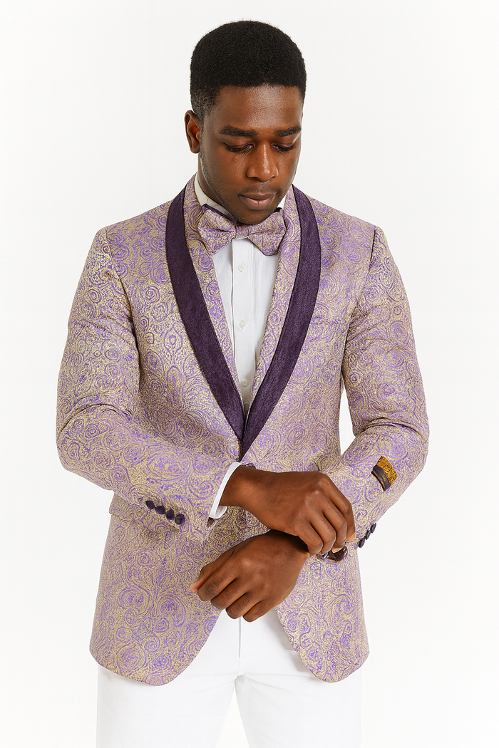 Mens Ivory and Light Purple Lavender Floral Paisley Prom and Wedding Tuxedo Blazer