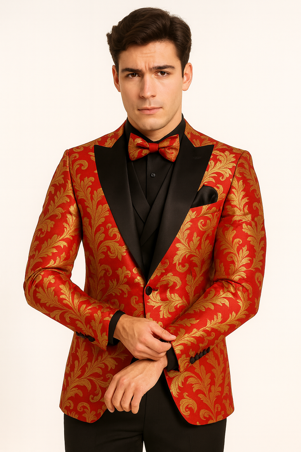 Mens Shiny Paisley Vested Wedding and Prom Tuxedo in Red and Gold