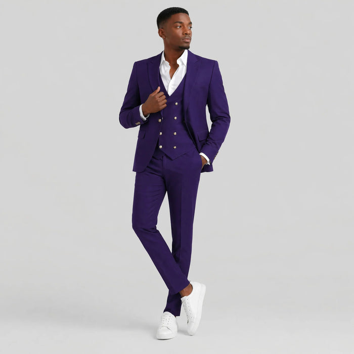 Purple and Gold Suit Peak Lapel with Vest 3 Piece suit Modern Fit