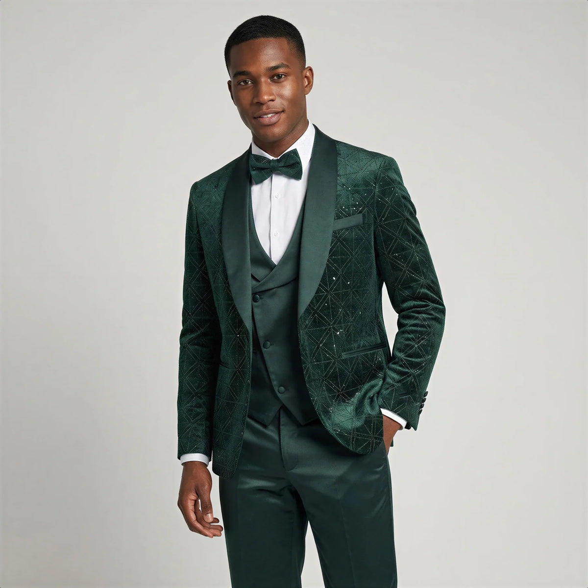Men's Green Velvet Patterned Shawl Lapel Tuxedo Set for Wedding & Prom