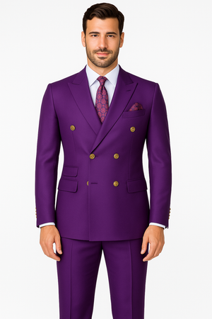36 Mens Designer Modern Fit Double Breasted Wool Suit with Gold Buttons in Purple 36 Mens Designer Modern Fit Double Breasted Wool Suit with Gold Buttons in Purple