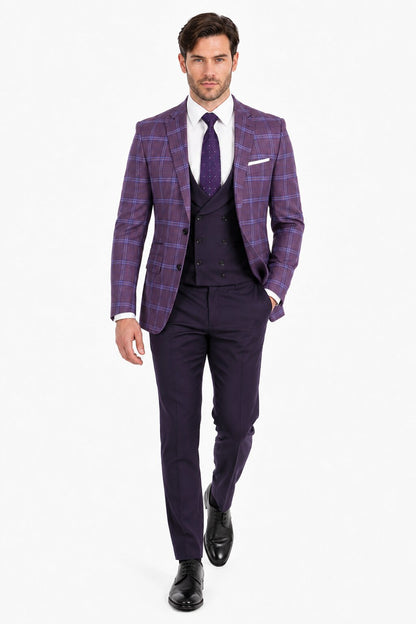 Mens 2 Button Suit with Low Cut Vest in Eggplant | Purple Plaid
