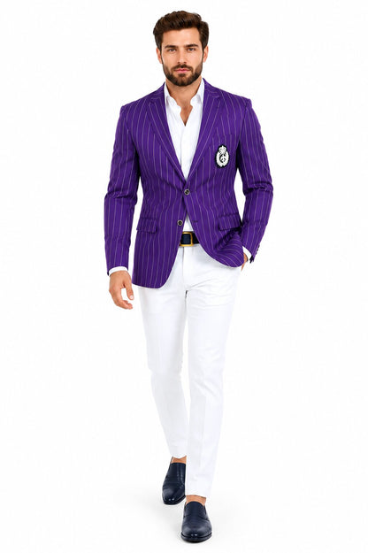Purple pinstripe blazer with white pants suit party blazer