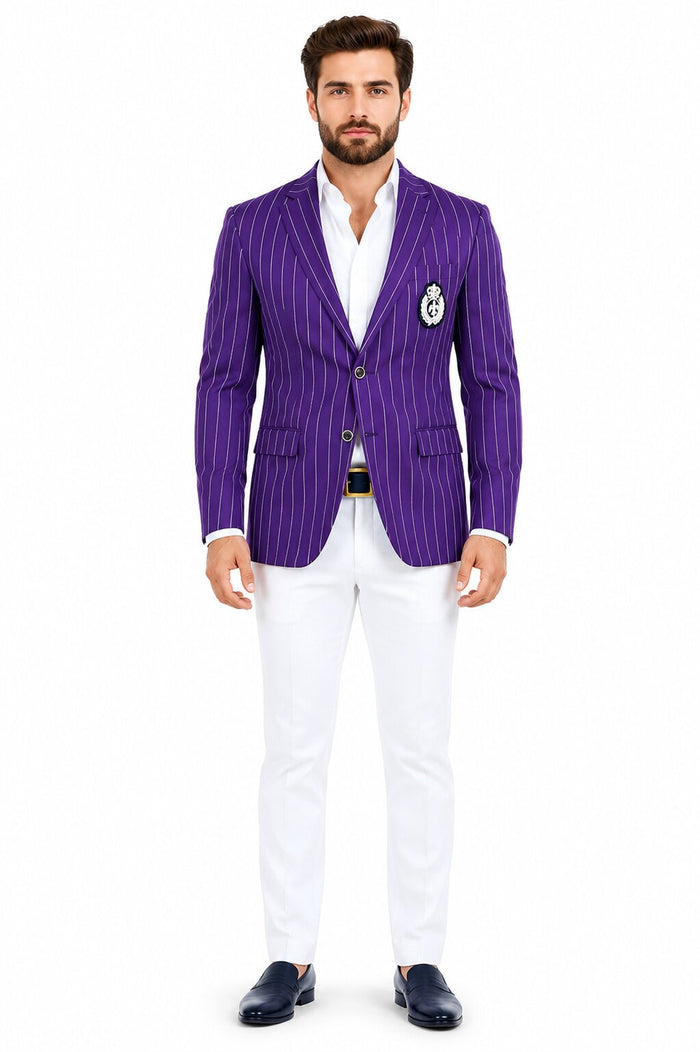 Purple pinstripe blazer with white pants suit party blazer