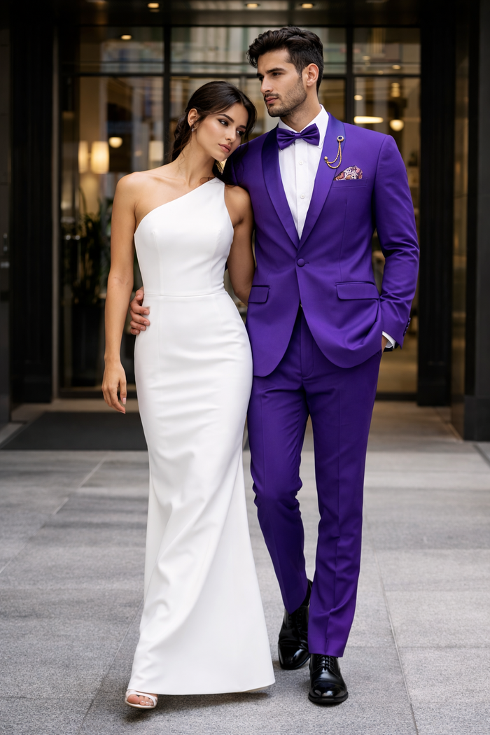 Purple Tuxedo Suit for Men  Stylish Two-Piece Prom and Wedding Suit with Matching Satin Lapel