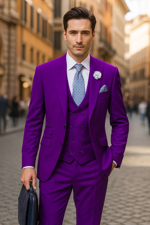 34 Men's Purple Suit –Double Breasted Vest, Peak Lapel, 2-Button