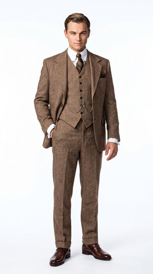 Men’s Light Brown Tweed Herringbone 3 Piece Great Gatsby Suit, Vested Vintage Wedding Formal Suit Set