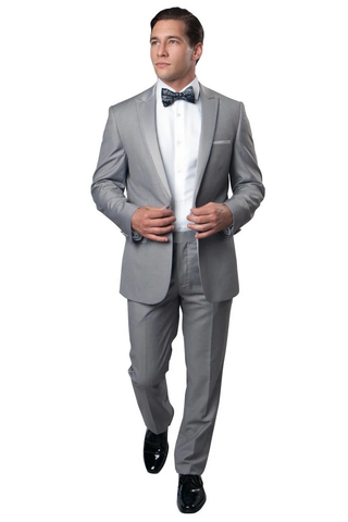 Mens Gray Tuxedo - Grey Wedding Suit-Mens Slim Fit One Button Satin Trim Peak Lapel Prom & Wedding Tuxedo In Light Grey
