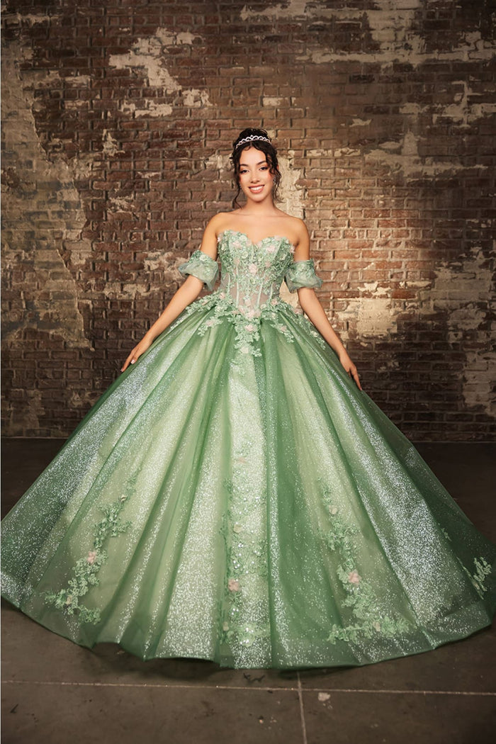 Quinceanera Dress Prom Ball Gown Floral Fitted Corset Glitter by LK245