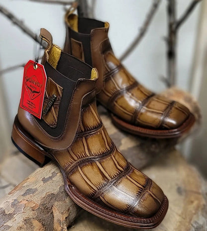 Men's Quincy Alligator Print Square Toe Ankle Boots - Tobacco