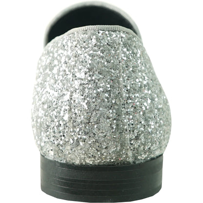 Bravo Mens Modern Glitter Sequin Prom Tuxedo Buckle Loafer in Silver Grey - Men's Dress Shoes