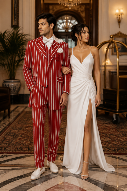 Light Red and White Pinstripe  - Gangster 1920s Pinstripe Suit - Mens  Fashion Suit