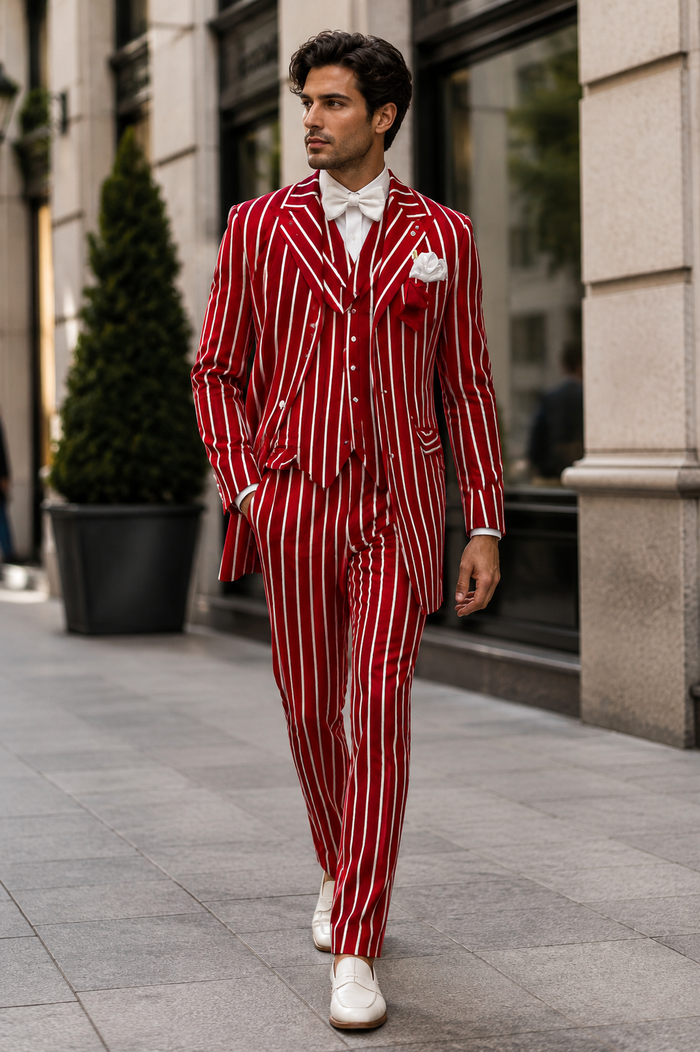 Light Red and White Pinstripe  - Gangster 1920s Pinstripe Suit - Mens  Fashion Suit