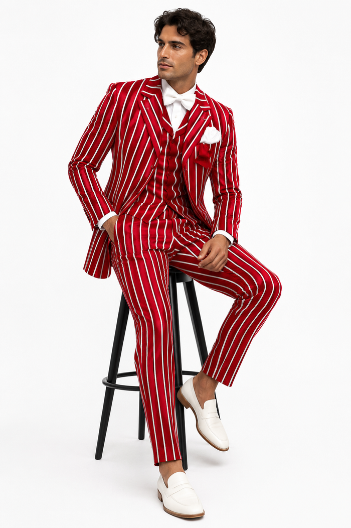 Light Red and White Pinstripe  - Gangster 1920s Pinstripe Suit - Mens  Fashion Suit