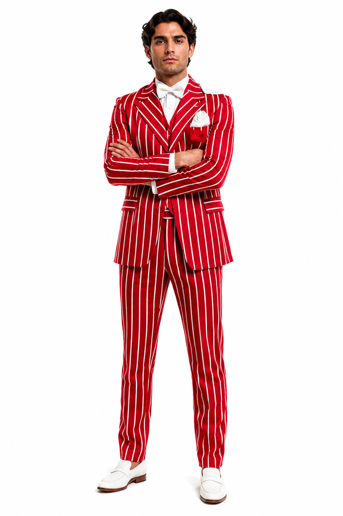 Light Red and White Pinstripe  - Gangster 1920s Pinstripe Suit - Mens  Fashion Suit