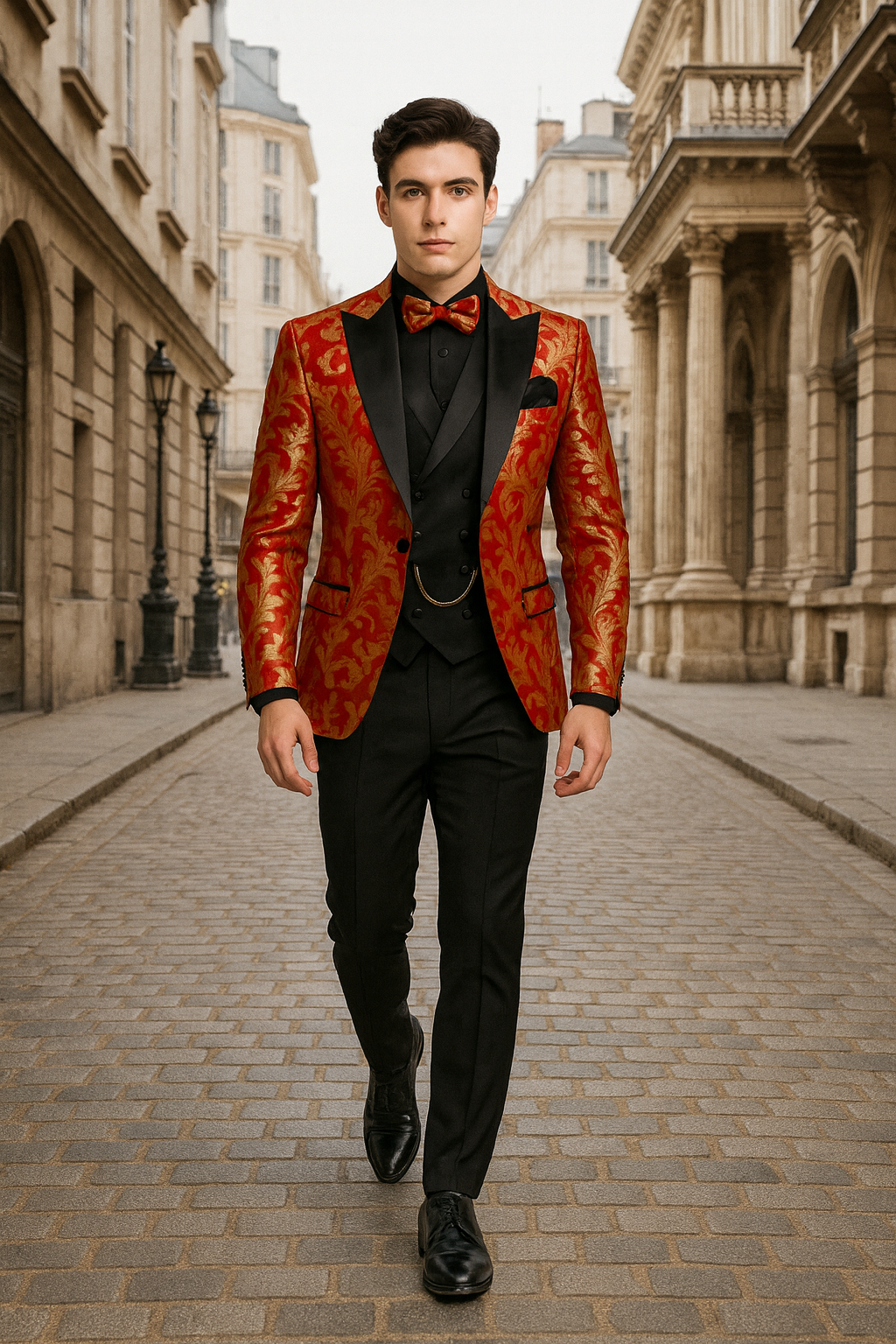 Mens Shiny Paisley Vested Wedding and Prom Tuxedo in Red and Gold