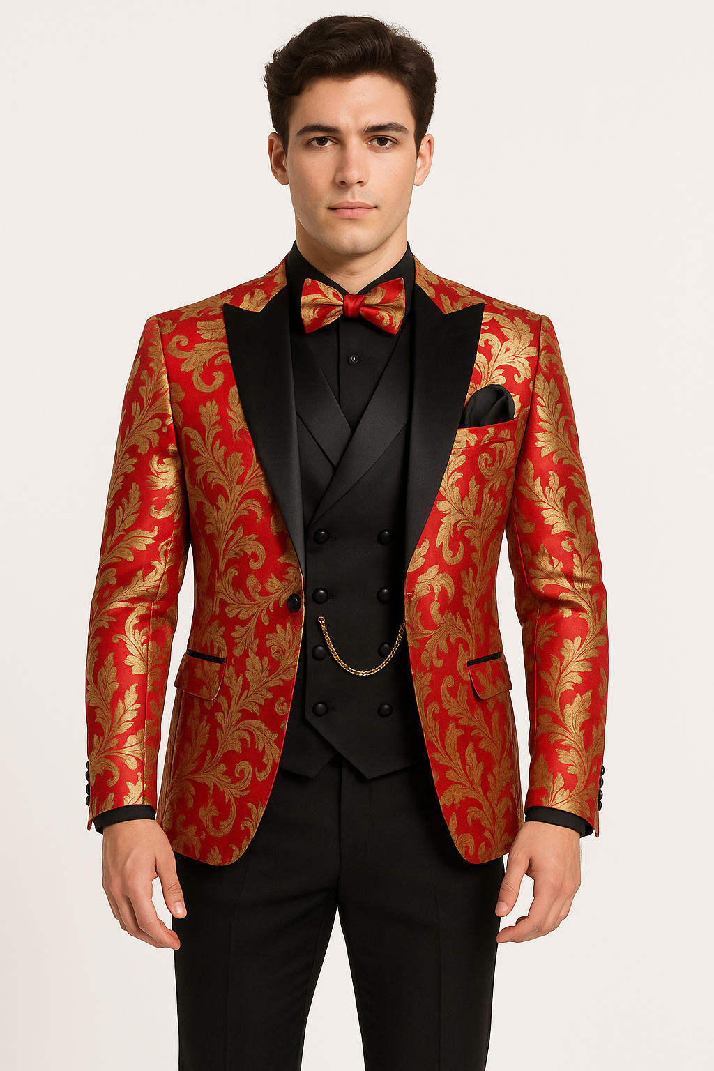 Mens Shiny Paisley Vested Wedding and Prom Tuxedo in Red and Gold