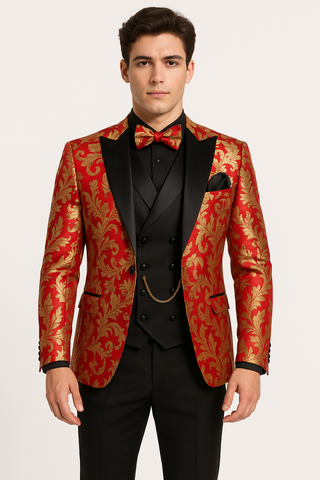 Mens Shiny Paisley Vested Wedding and Prom Tuxedo in Red and Gold