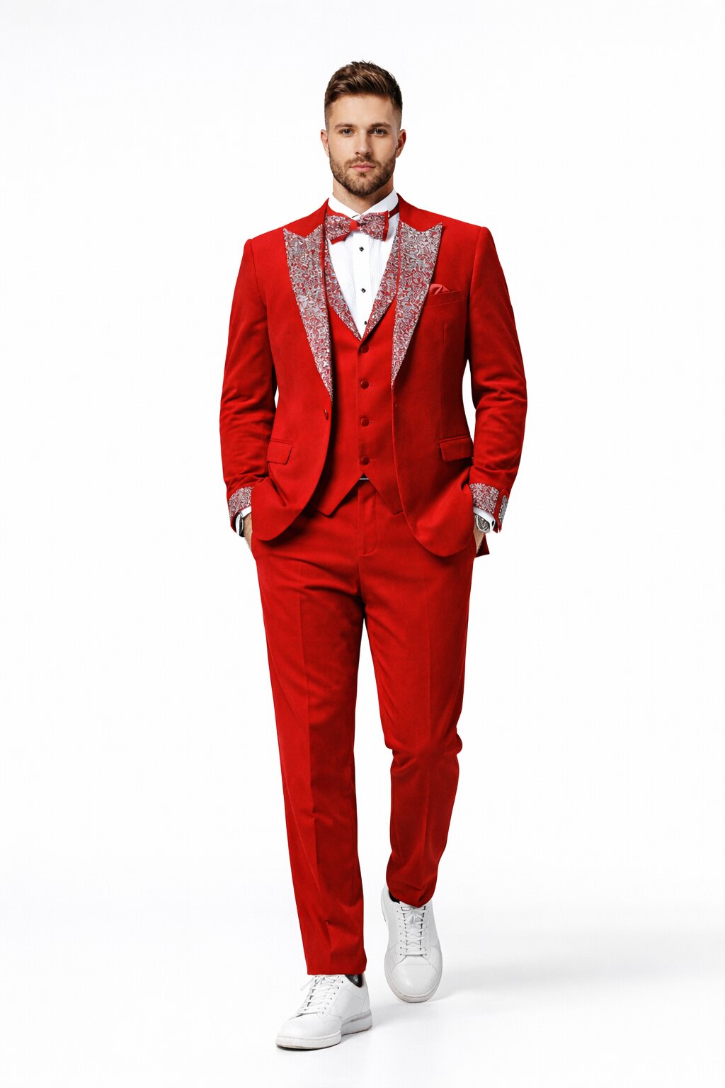 Red Prom Tuxedo - Perfect Wedding Suit Vested Rhinestone sequin Lapelled