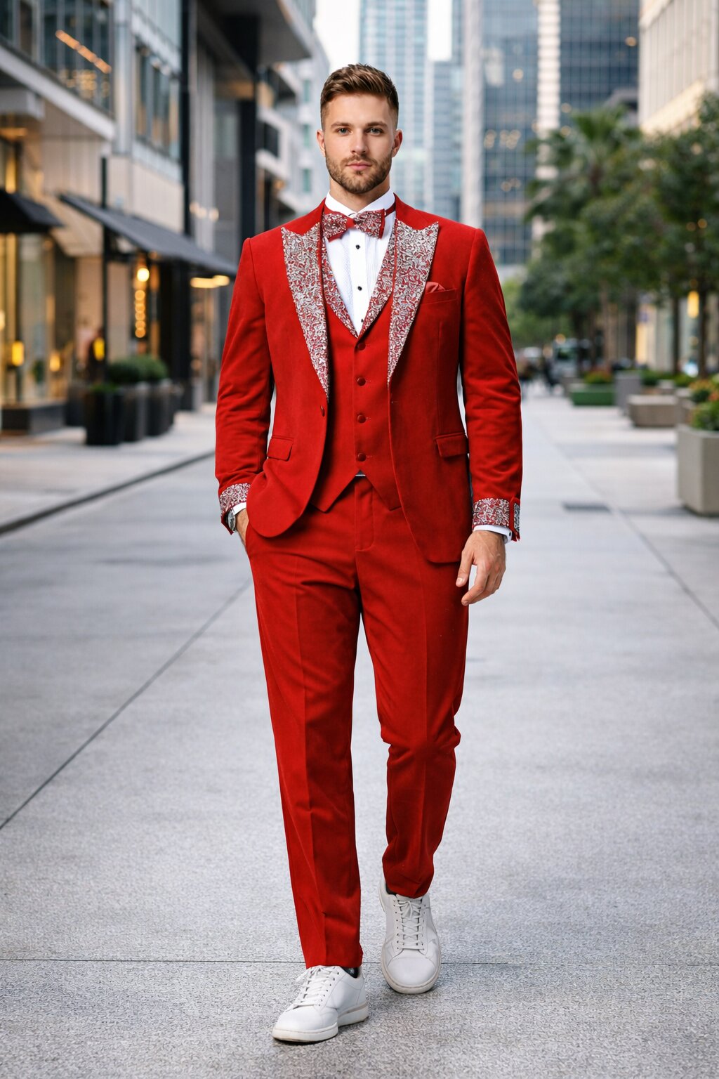 Red Prom Tuxedo - Perfect Wedding Suit Vested Rhinestone sequin Lapelled