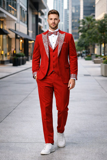 Red Prom Tuxedo - Perfect Wedding Suit Vested Rhinestone sequin Lapelled