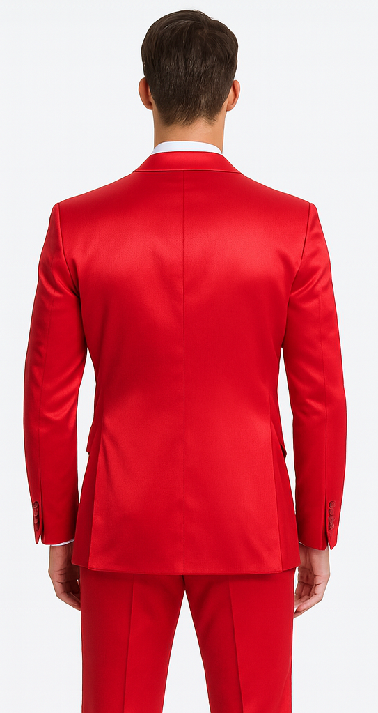 Men's Red Satin Slim Fit Tazzio 3 Piece Suit with Peak Lapel  Premium Elegant Style