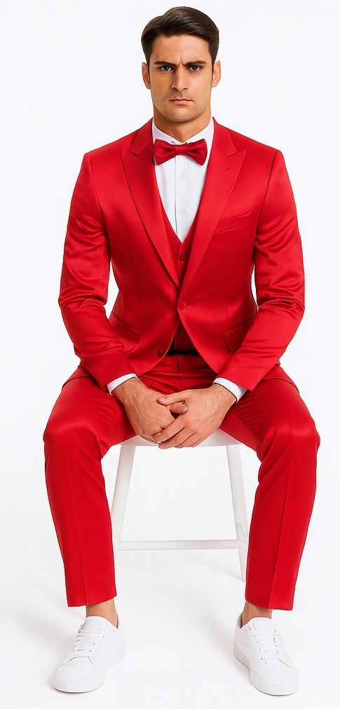 Men's Red Satin Slim Fit Tazzio 3 Piece Suit with Peak Lapel  Premium Elegant Style