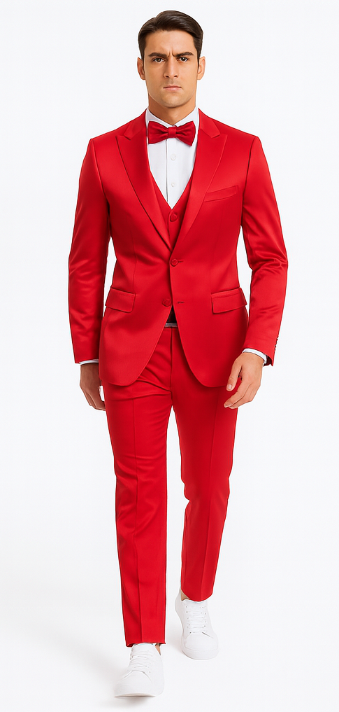 Men's Red Satin Slim Fit Tazzio 3 Piece Suit with Peak Lapel  Premium Elegant Style